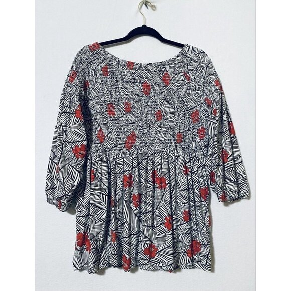 J Jill Womens Medium Floral Smocked Tunic Top 3/4 Sleeve Knit Stretch Boho - Picture 5 of 9